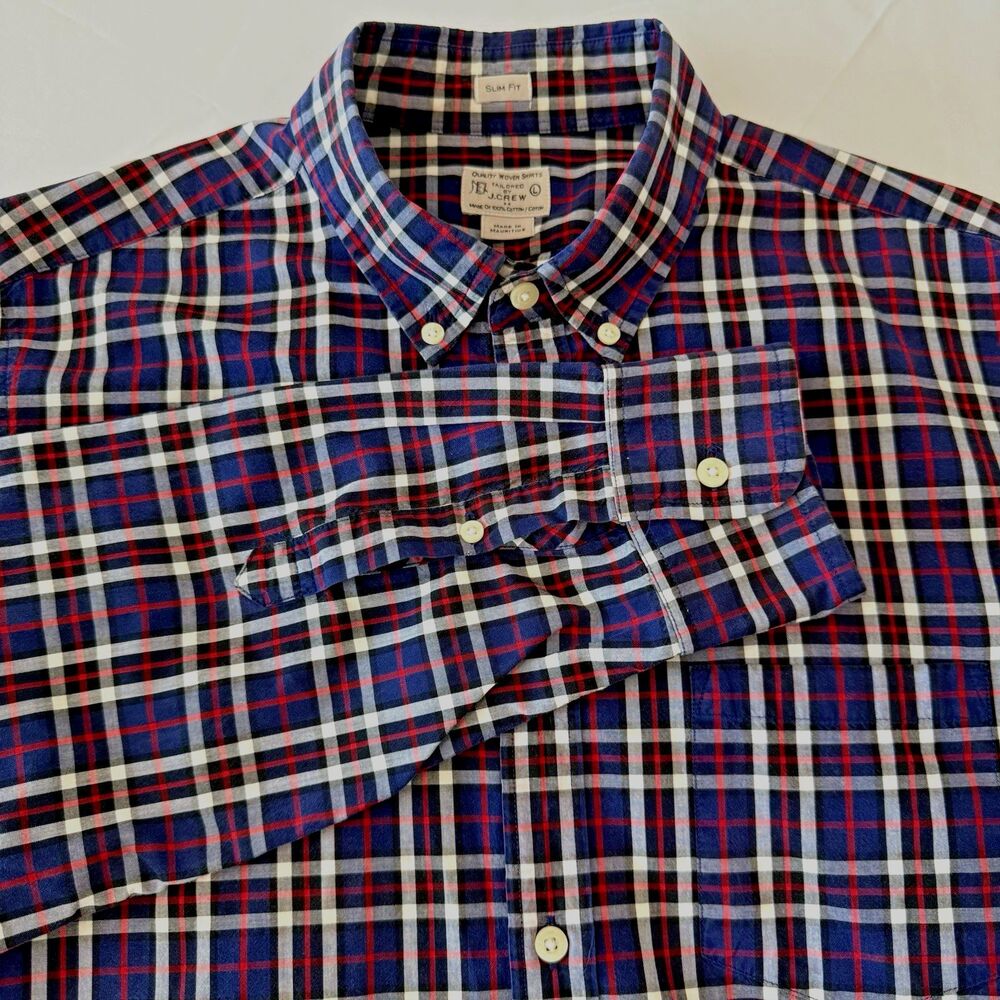 J. Crew Mens Sz L Dress Shirt Red Blue White Tailored Slim Fit Smart Casual Prep